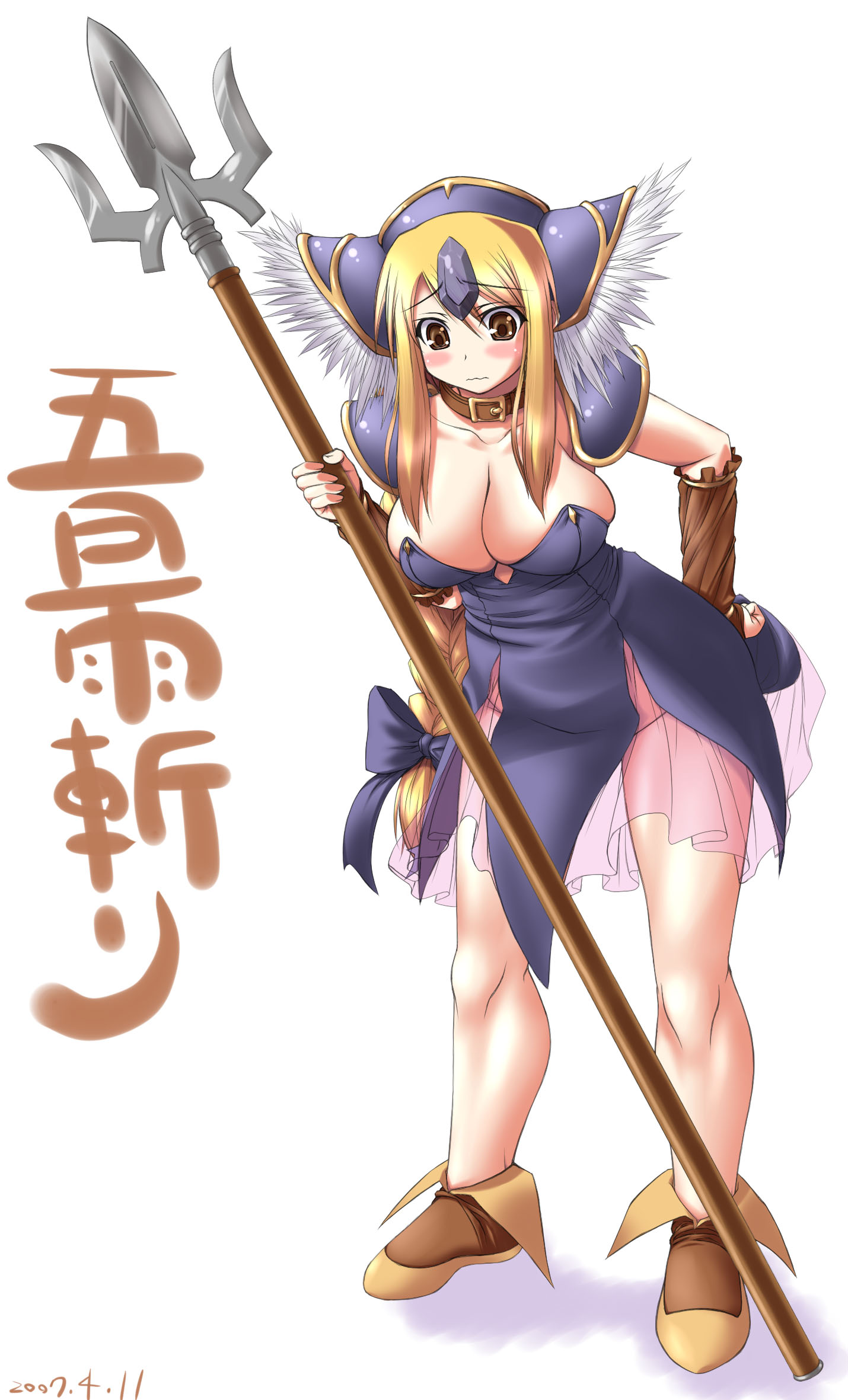 morimoto kiyona, agrias oaks, final fantasy, final fantasy tactics, seiken densetsu, seiken densetsu 3, highres, translation request, 1girl, blonde hair, breasts, brown eyes, cleavage, collar, cosplay, female focus, head wings, helmet, large breasts, leaning forward, polearm, riesz (cosplay), see-through clothes, solo, spear, weapon, winged helmet, wings
