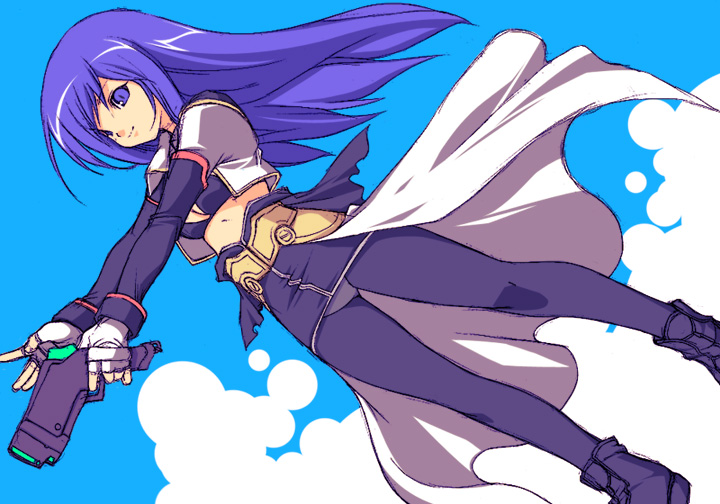 kinoshita ichi, maria traydor, star ocean, star ocean: till the end of time, 1girl, blue hair, bra, breasts, cleavage, female focus, gun, lingerie, panties, panties under pantyhose, pantyhose, pantyshot, solo, underwear, upskirt, waist cape, weapon