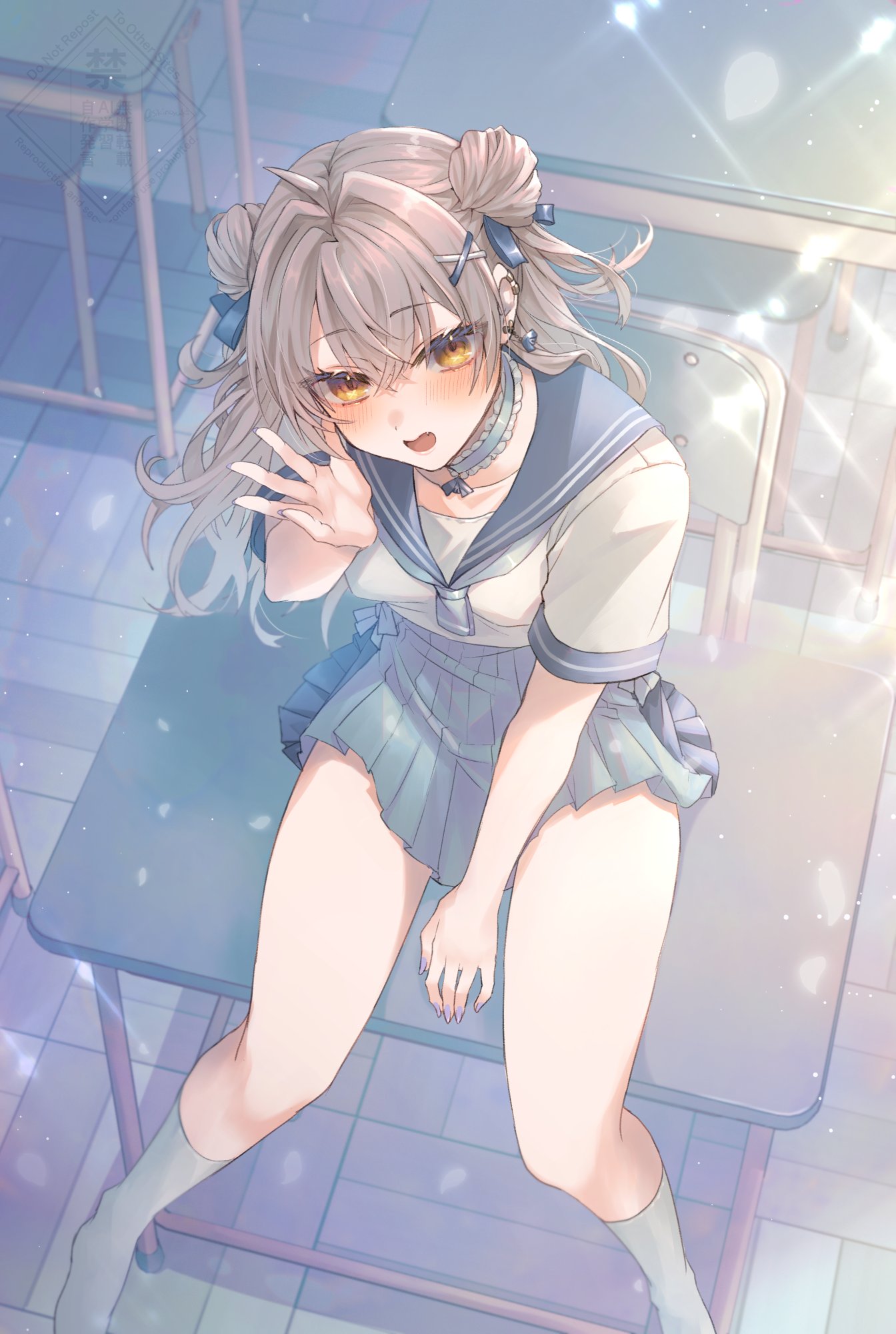 shikino yuki, original, commentary request, highres, 1girl, blue skirt, blush, desk, double bun, grey hair, hair between eyes, hair bun, indoors, long hair, looking at viewer, on desk, open mouth, orange eyes, school desk, school uniform, serafuku, short sleeves, sitting, skirt, smile, socks, solo, white serafuku, white socks