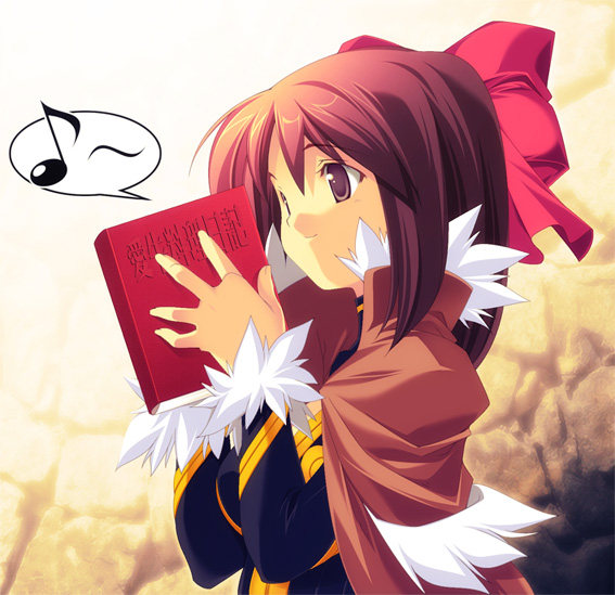 kinoshita ichi, wizard (ragnarok online), ragnarok online, 1girl, book, female focus, musical note, quaver, ribbon, solo, speech bubble, spoken musical note, wizard