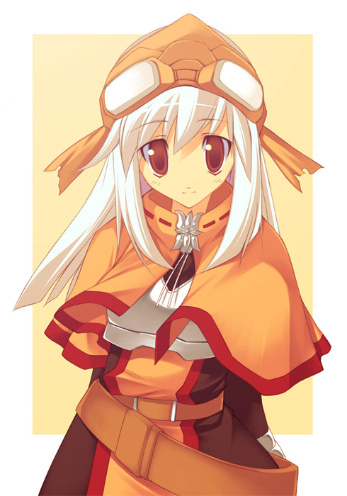 kinoshita ichi, swordsman (ragnarok online), ragnarok online, 1girl, arms behind back, belt, brown eyes, capelet, female focus, goggles, long hair, looking at viewer, solo, swordman, white hair