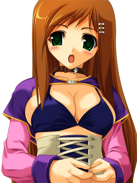 kinoshita ichi, sophia esteed, star ocean, star ocean: till the end of time, 1girl, blush, breasts, brown hair, cleavage, collar, female focus, green eyes, jewelry, large breasts, long hair, necklace, open mouth, solo