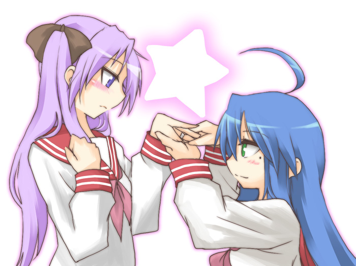 hane (hanegoya), hiiragi kagami, izumi konata, lucky star, 00s, 2girls, ahoge, jewelry, marriage proposal, mole, mole under eye, multiple girls, neckerchief, pink neckerchief, putting on jewelry, ring, school uniform, serafuku, wedding band, wedding ring, white background, yuri