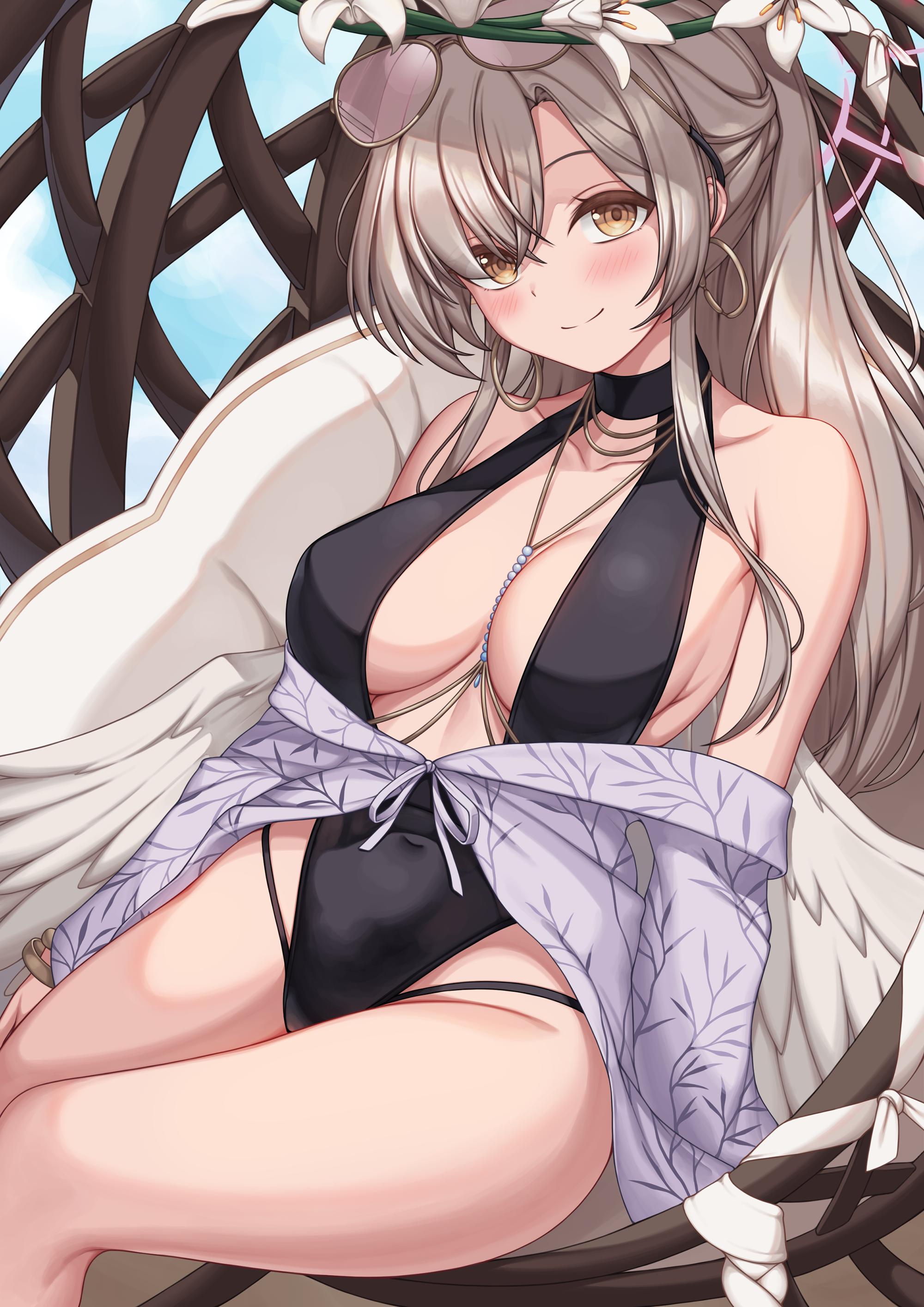 nagisa (blue archive), nagisa (swimsuit) (blue archive), blue archive, absurdres, highres, 1girl, above-cleavage cutout, aviator sunglasses, black one-piece swimsuit, breasts, brown-tinted eyewear, cleavage, clothing cutout, eyewear on head, feathered wings, halo, large breasts, looking at viewer, low wings, off shoulder, official alternate costume, official alternate hairstyle, one-piece swimsuit, sitting, smile, solo, sunglasses, swimsuit, tinted eyewear, white wings, wings, wxjn4348, yellow visor