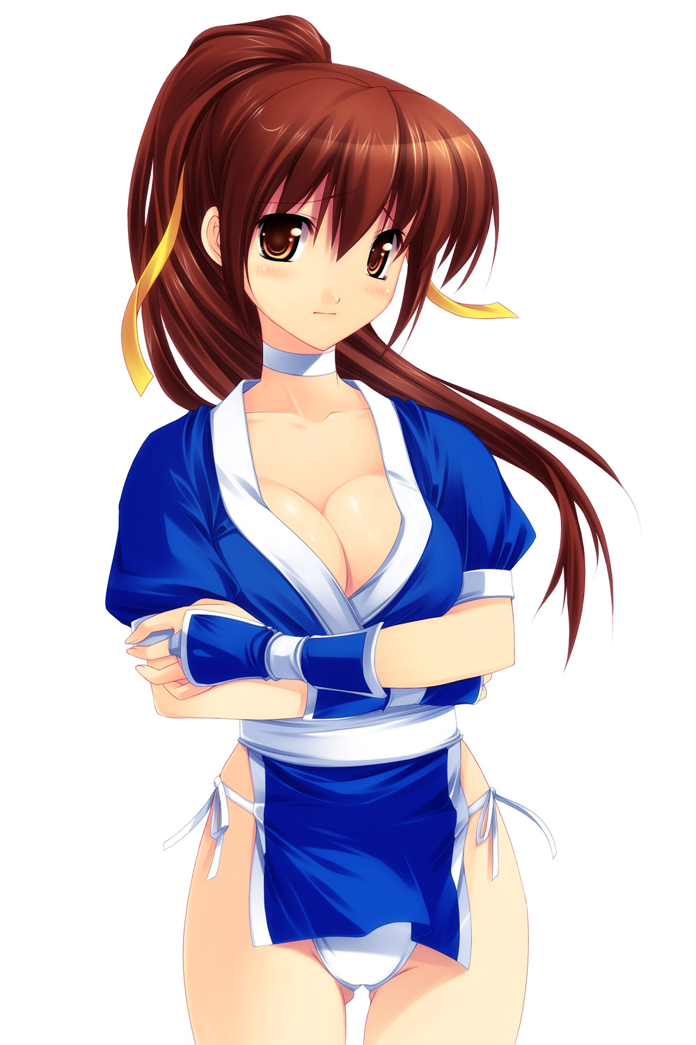 kinoshita ichi, kasumi (doa), dead or alive, tecmo, breast hold, highres, 1girl, breasts, choker, cleavage, crossed arms, female focus, long hair, panties, pelvic curtain, ponytail, side-tie panties, solo, underwear