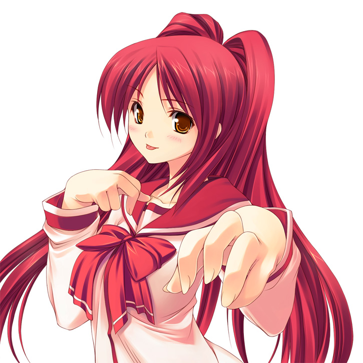 kinoshita ichi, kousaka tamaki, to heart, to heart (series), to heart 2, 00s, 1girl, blush, bow, brown eyes, female focus, long hair, red hair, school uniform, serafuku, smile, solo, tongue, twintails
