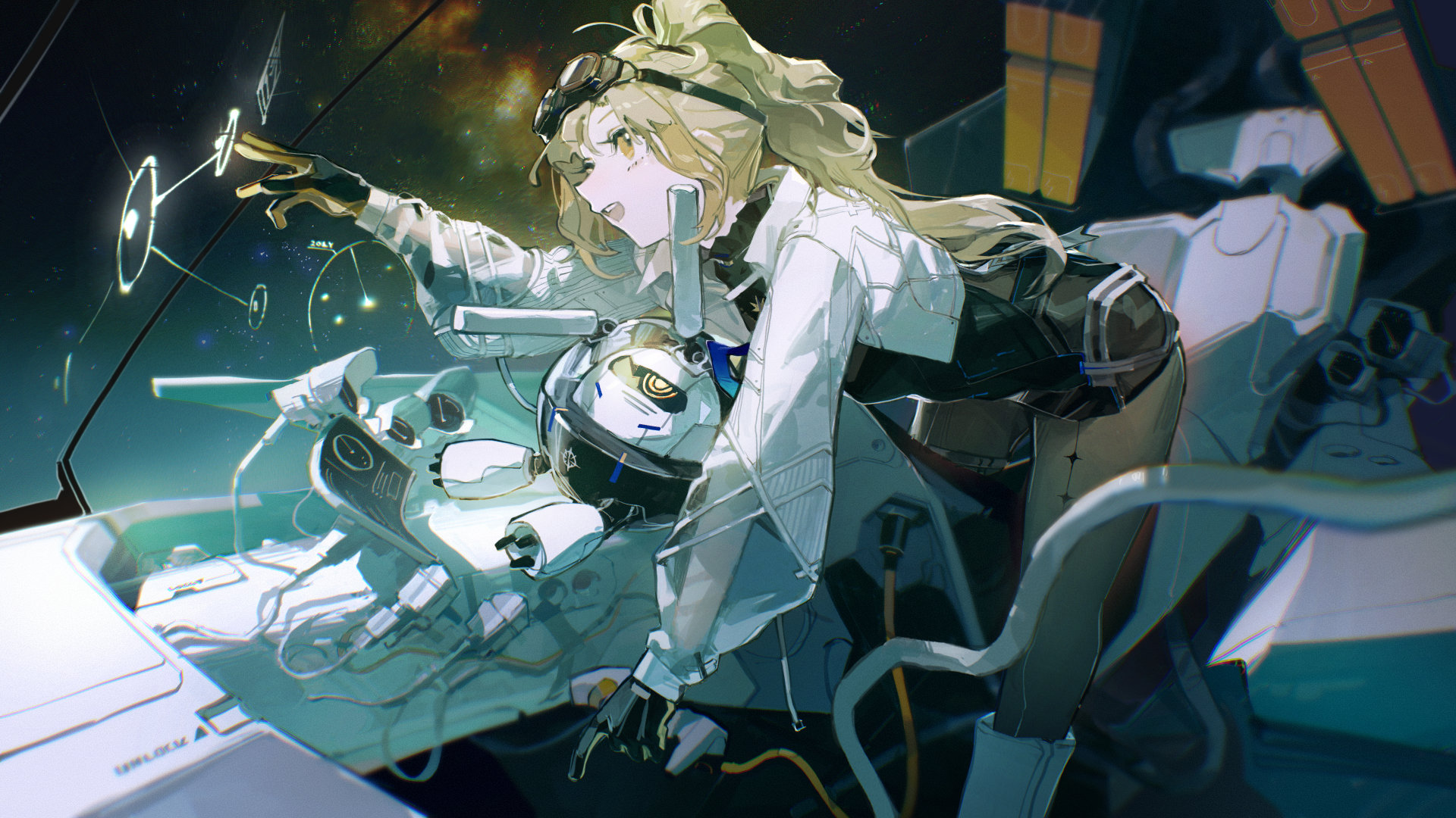 arcaea, artist request, game cg, highres, non-web source, 1girl, black gloves, black shirt, black skirt, black thighhighs, blonde hair, boots, breasts, curtained hair, gloves, goggles, green hair, high ponytail, jacket, knee boots, leather, leather skirt, medium breasts, medium hair, nonoka (arcaea), ponytail, see-through clothes, shirt, skirt, solo, spacecraft, thigh strap, thighhighs, two-tone gloves, white boots, white jacket, white sleeves, yellow eyes, yellow gloves, yellow thighhighs