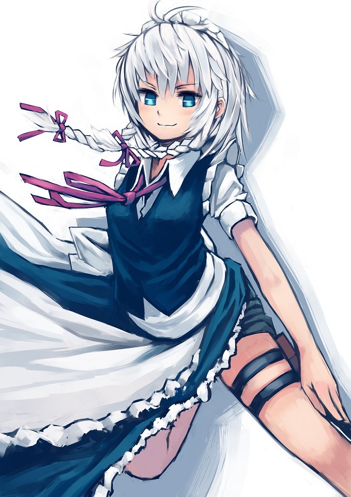 kaneni, izayoi sakuya, touhou, bad id, bad pixiv id, 1girl, apron, belt, bike shorts under skirt, blue eyes, blue skirt, braided sidelocks, frilled apron, frilled headwear, frilled skirt, frills, looking at viewer, maid, maid apron, maid headdress, shadow, short hair, skirt, solo, thigh belt, thigh strap, white hair