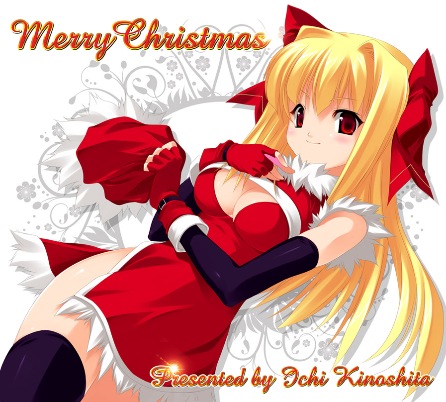 kinoshita ichi, 1girl, blonde hair, breasts, christmas, cleavage, elbow gloves, female focus, fingerless gloves, gloves, hair ribbon, hat, long hair, medium breasts, no panties, red eyes, ribbon, santa costume, smile, solo, text focus, thighhighs