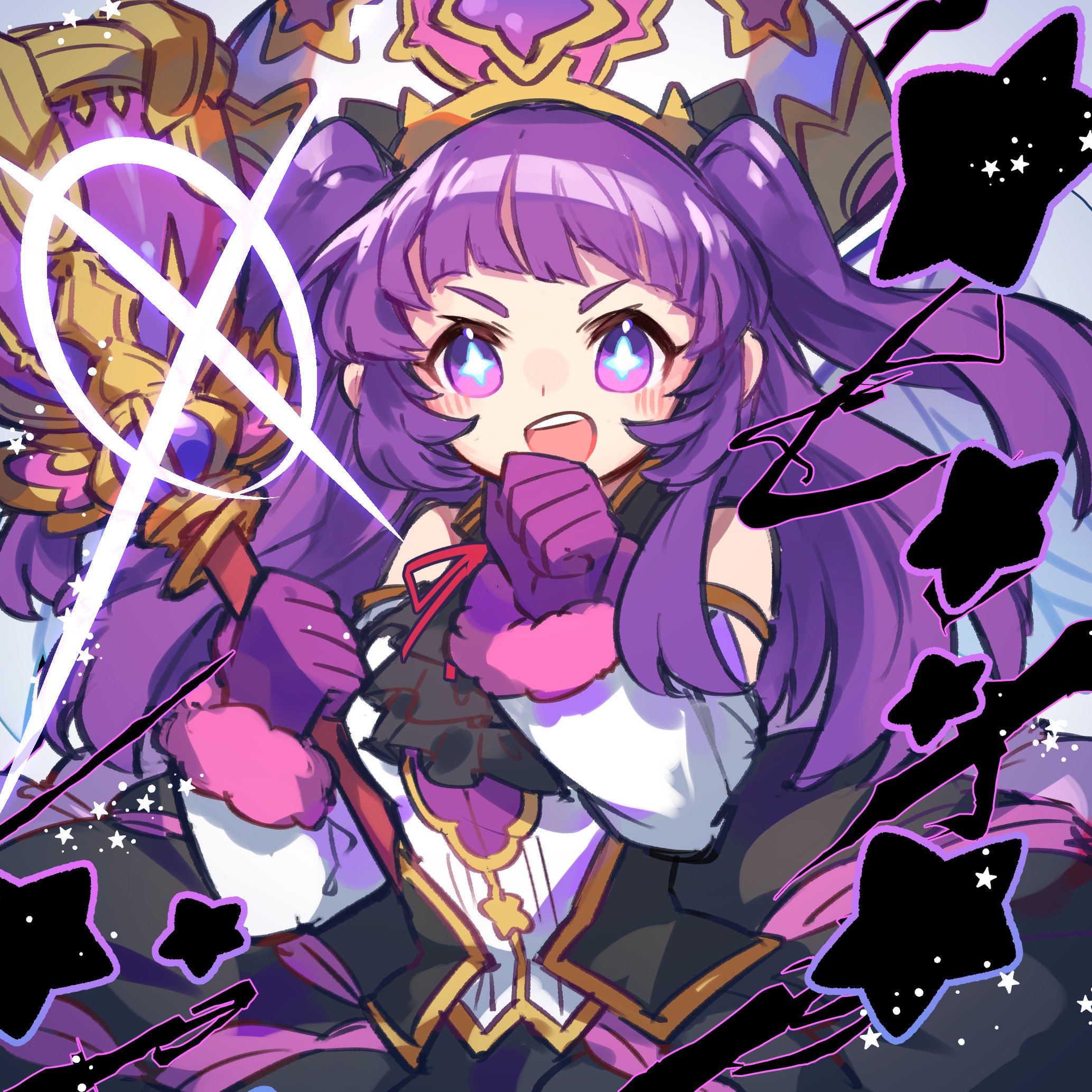 kuuron (moesann17), lumiel (p&d), puzzle & dragons, highres, + +, 1girl, ascot, bare shoulders, blue eyes, blunt bangs, creature, detached sleeves, dress, feathered wings, gloves, hat, looking at viewer, open mouth, purple hair, sleeveless, sleeveless dress, smile, solo, sparkling eyes, star (symbol), stuffed animal, stuffed toy, two side up, upper body, white wings, wings