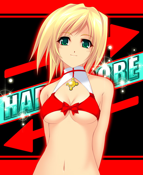kinoshita ichi, original, 1girl, arms behind back, bare shoulders, blonde hair, bow, breasts, female focus, green eyes, medium breasts, midriff, navel, short hair, smile, solo, standing, underboob