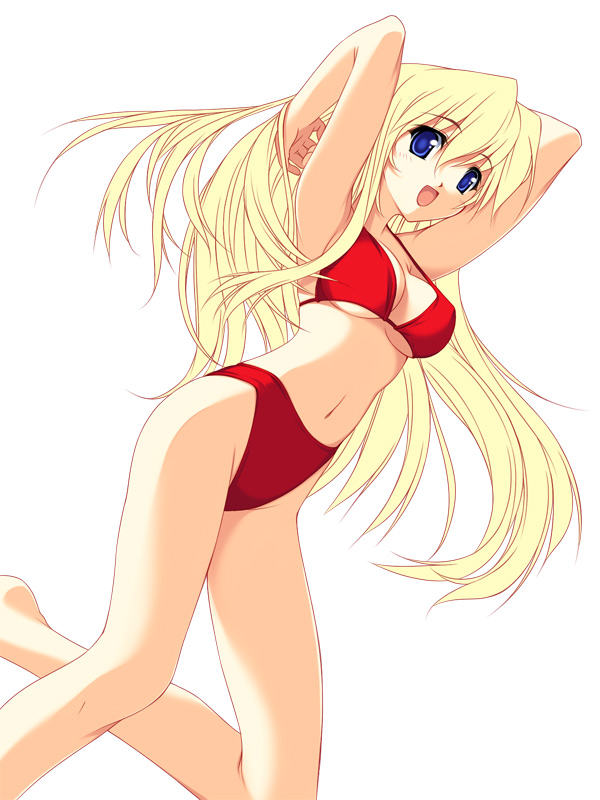 kinoshita ichi, 1girl, bikini, blonde hair, blue eyes, female focus, long hair, navel, open mouth, red bikini, simple background, smile, solo, swimsuit, white background