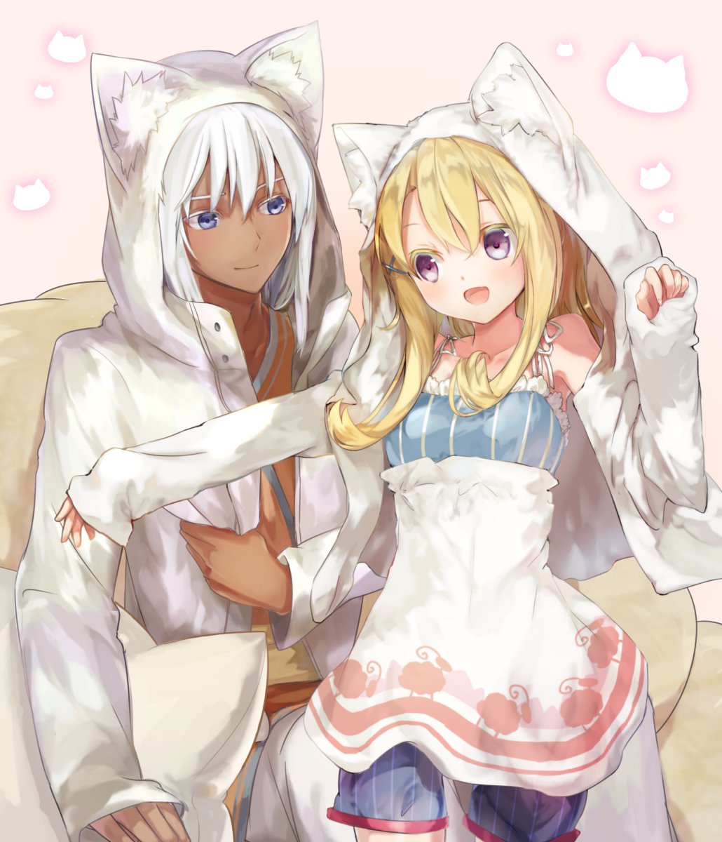 karakuri mai, bokujou monogatari, highres, 1boy, 1girl, :d, alternate costume, animal ear fluff, animal ear hood, animal ears, animal print, blonde hair, blue eyes, blue shorts, bokujou monogatari: youkoso! kaze no bazaar e, cat ears, cat print, chair, closed mouth, collarbone, colored eyelashes, cowboy shot, curly sidelocks, dark-skinned male, dark skin, fake animal ears, glowing, hair between eyes, hair ornament, haruka (bokujou monogatari), hood, hooded jacket, jacket, light blush, long hair, looking at another, on chair, open clothes, open jacket, open mouth, orange shirt, paw pose, purple eyes, sheep print, shirt, shorts, sitting, sleeveless, sleeveless shirt, sleeves past wrists, smile, spaghetti strap, striped clothes, striped shorts, vertical-striped clothes, vertical-striped shorts, white background, white hair, white jacket, white shirt, x hair ornament, yurisu (bokujou monogatari)