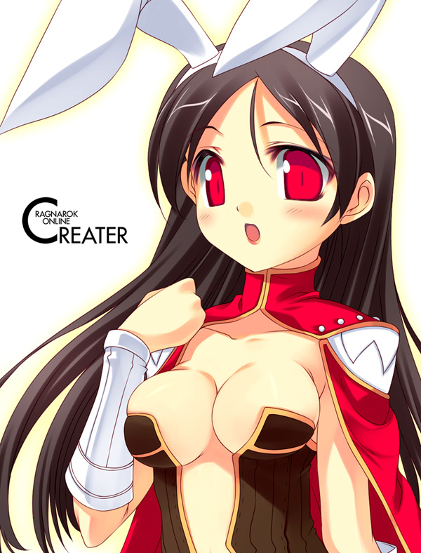 kinoshita ichi, creator (ragnarok online), ragnarok online, 1girl, animal ears, black hair, bracer, breast clinging, breasts, brown hair, character name, collarbone, copyright name, detached sleeves, fake animal ears, female focus, lipstick, long hair, looking at viewer, makeup, open mouth, rabbit ears, red eyes, solo, upper body