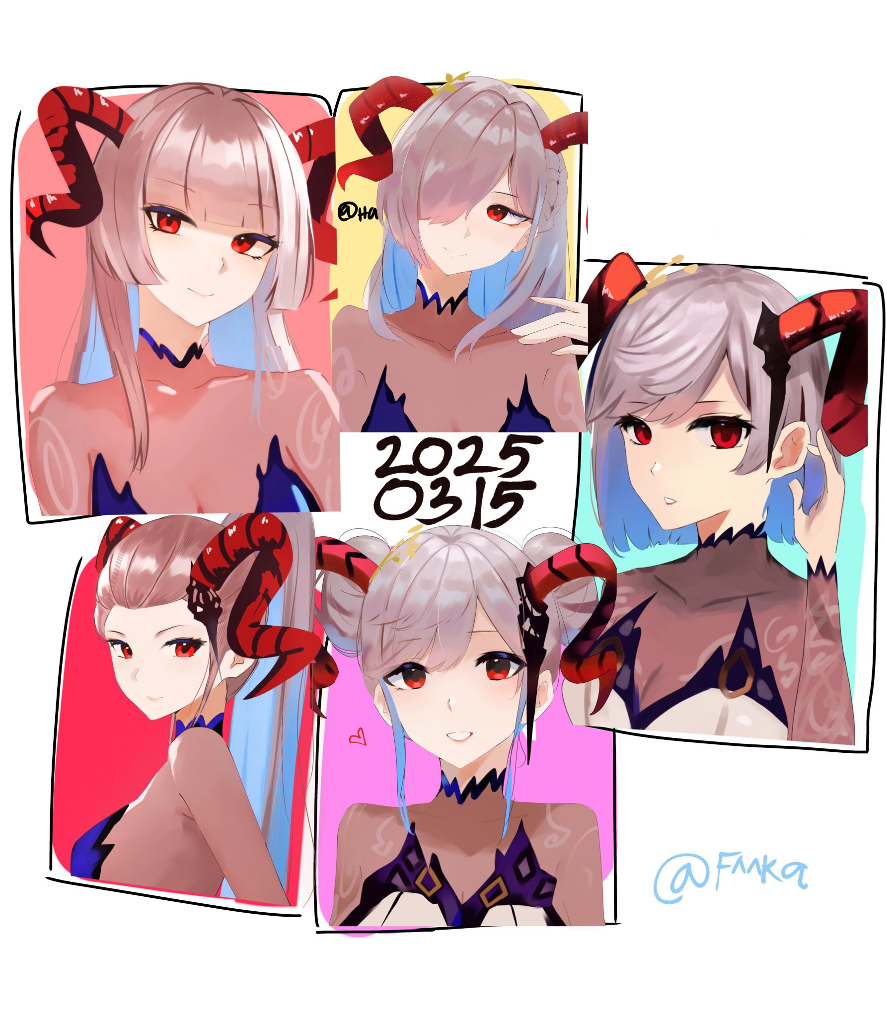 hainomajoeraina, freyja (fire emblem), highres, 1girl, alternate hairstyle, blue hair, collage, curled horns, cut bangs, dress, goat horns, grey hair, hair bun, hair over one eye, horns, layered dress, long hair, looking at viewer, multicolored hair, ponytail, red eyes, red horns, short hair, two-tone hair, white background