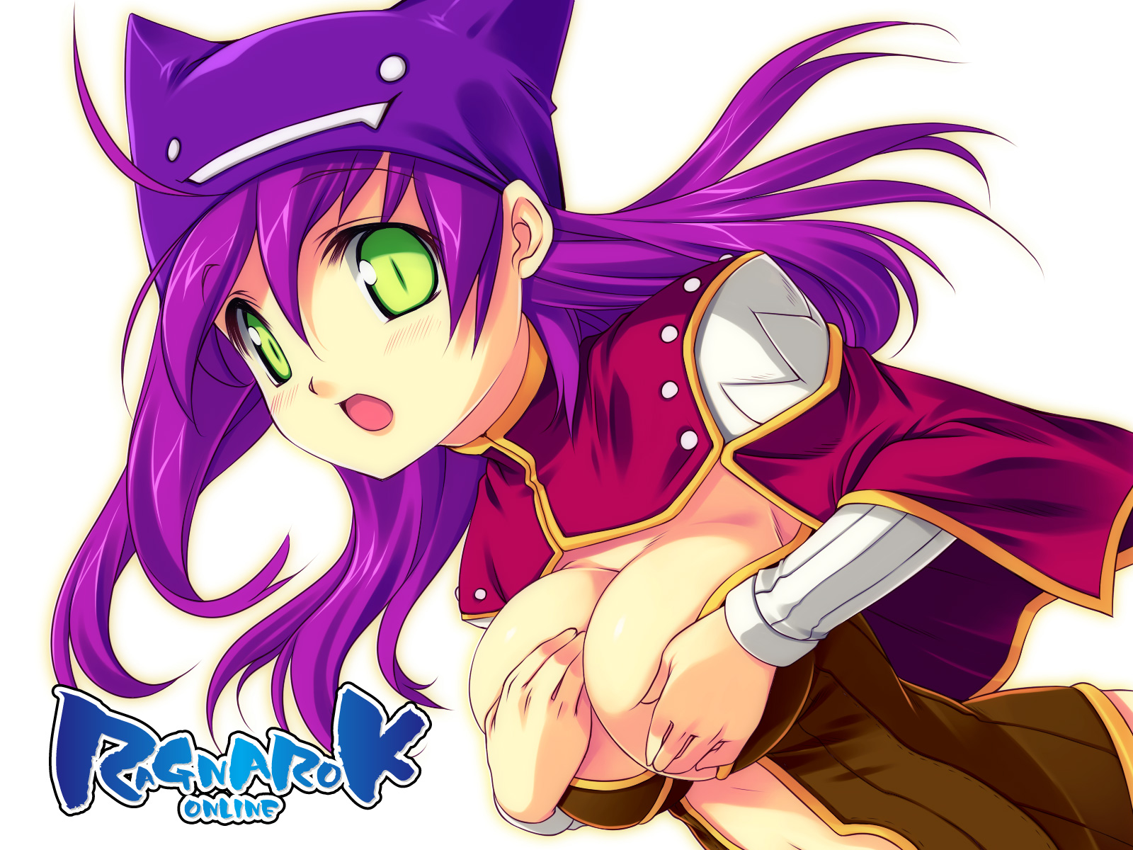 kinoshita ichi, creator (ragnarok online), ragnarok online, breast hold, highres, 1girl, blush, breasts, cleavage, copyright name, deviruchi hat, female focus, green eyes, hat, large breasts, long hair, open mouth, purple hair, simple background, slit pupils, solo, white background