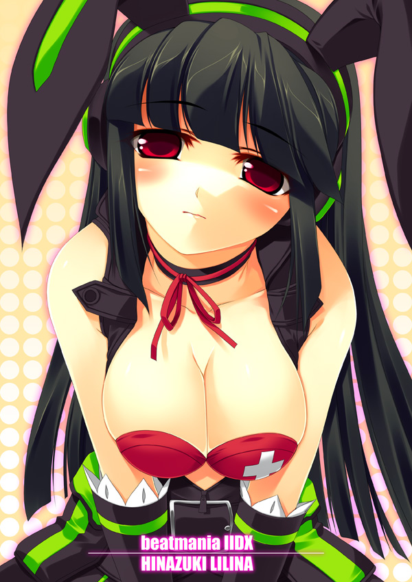 kinoshita ichi, hinazuki lilina, hinazuki ririna, hinazuki ririna (candy bunny), beatmania iidx, bemani, non-web source, 1girl, animal ears, bare shoulders, belt, black hair, blunt bangs, blush, breasts, character name, choker, cleavage, collarbone, copyright name, detached sleeves, fake animal ears, female focus, head tilt, large breasts, long hair, looking at viewer, polka dot, polka dot background, rabbit ears, red eyes, solo, upper body