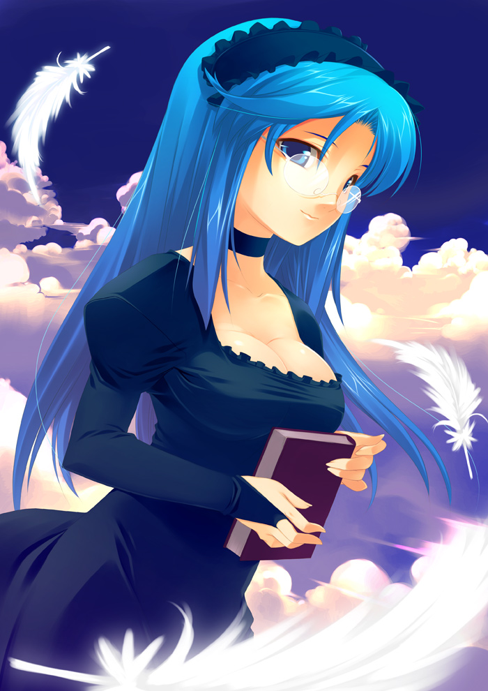 kinoshita ichi, arin (pangya), pangya, 1girl, blue eyes, blue hair, book, breasts, choker, cleavage, dress, female focus, glasses, matching hair/eyes, solo