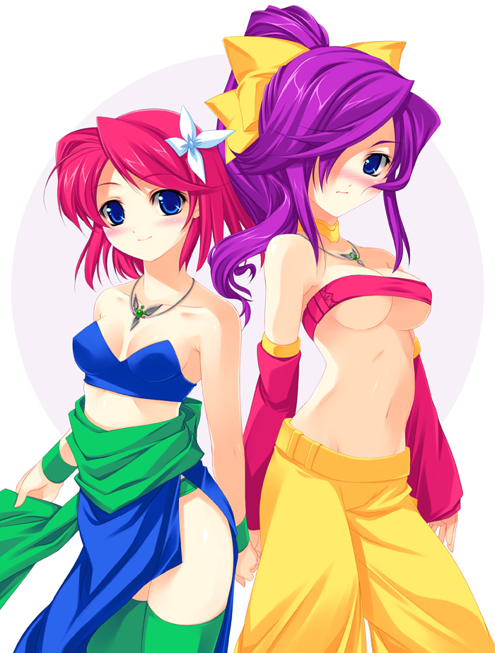 kinoshita ichi, faris scherwiz, lenna charlotte tycoon, final fantasy, final fantasy v, 1990s (style), 2girls, bandeau, blue eyes, blush, bow, breasts, choker, cleavage, dancer, detached sleeves, hair over one eye, jewelry, long hair, medium breasts, midriff, multiple girls, navel, necklace, pink hair, ponytail, princess, purple hair, short hair, siblings, sisters, small breasts, thighhighs, underboob