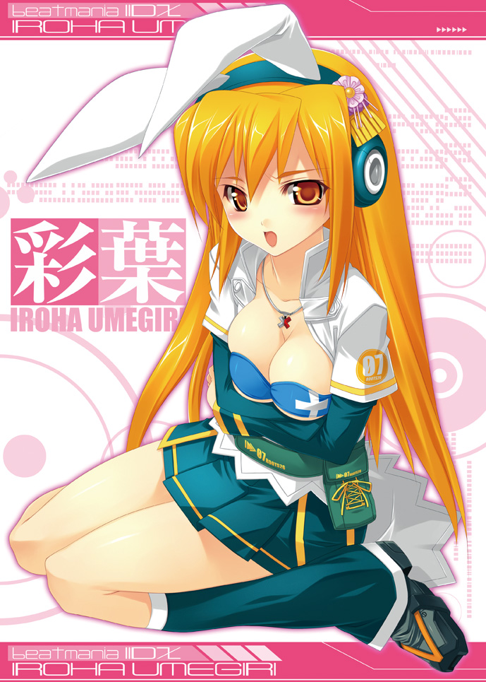 kinoshita ichi, umegiri iroha, umegiri iroha (candy bunny), beatmania iidx, bemani, 1girl, animal ears, blush, breasts, cleavage, collarbone, crossed arms, fake animal ears, female focus, headphones, jewelry, leg warmers, legs, long hair, long sleeves, looking at viewer, necklace, open clothes, open mouth, open shirt, pleated skirt, pouch, rabbit ears, shirt, sitting, skirt, solo
