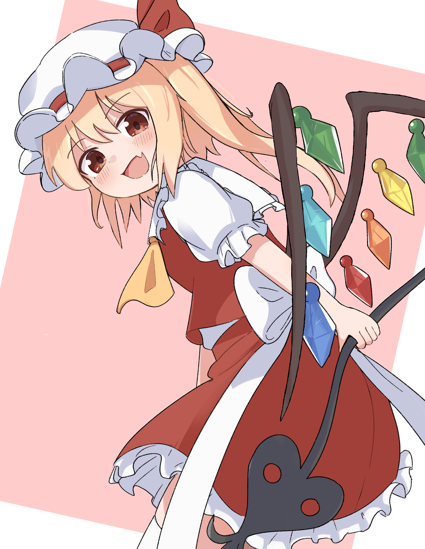 haya s2, flandre scarlet, touhou, commentary request, highres, 1girl, :d, alternate eye color, ascot, blonde hair, blush, bow, brown eyes, cowboy shot, crystal, crystal wings, fang, frilled skirt, frills, from side, hat, holding, holding weapon, laevatein (touhou), long hair, looking at viewer, mob cap, multicolored wings, one side up, open mouth, puffy short sleeves, puffy sleeves, red skirt, shirt, short sleeves, skin fang, skirt, skirt set, smile, solo, two-tone background, vest, weapon, white bow, white hat, white shirt, wings, yellow ascot