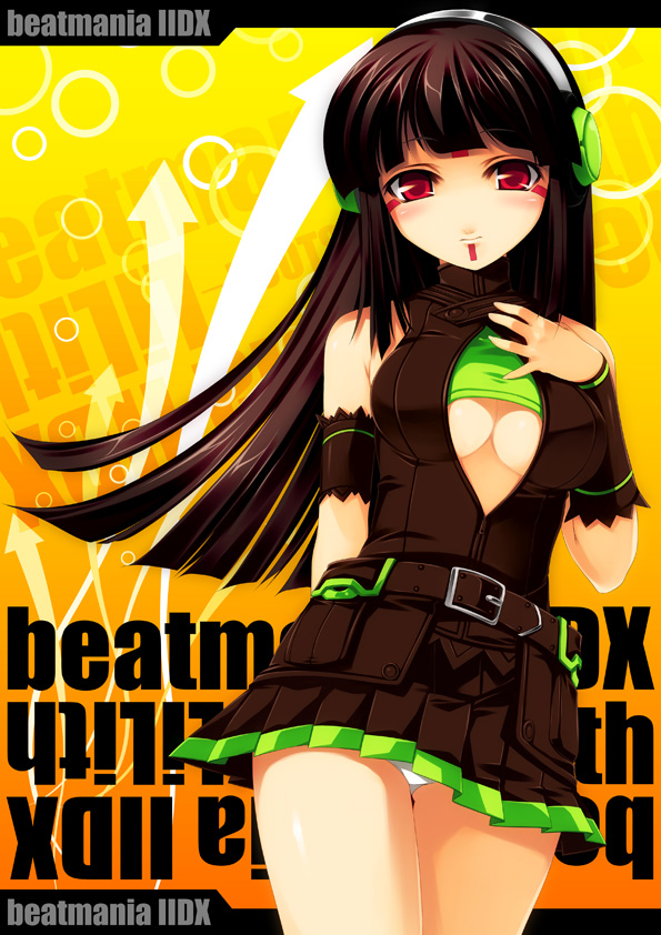 kinoshita ichi, hinazuki lilina, hinazuki ririna, beatmania iidx, bemani, 1girl, armband, arrow (symbol), bare shoulders, belt, black hair, blunt bangs, breasts, center opening, copyright name, detached sleeves, facial mark, female focus, light smile, long hair, looking at viewer, panties, pantyshot, pleated skirt, red eyes, skirt, sleeveless, solo, standing, turtleneck, underboob, underwear, upskirt, wristband
