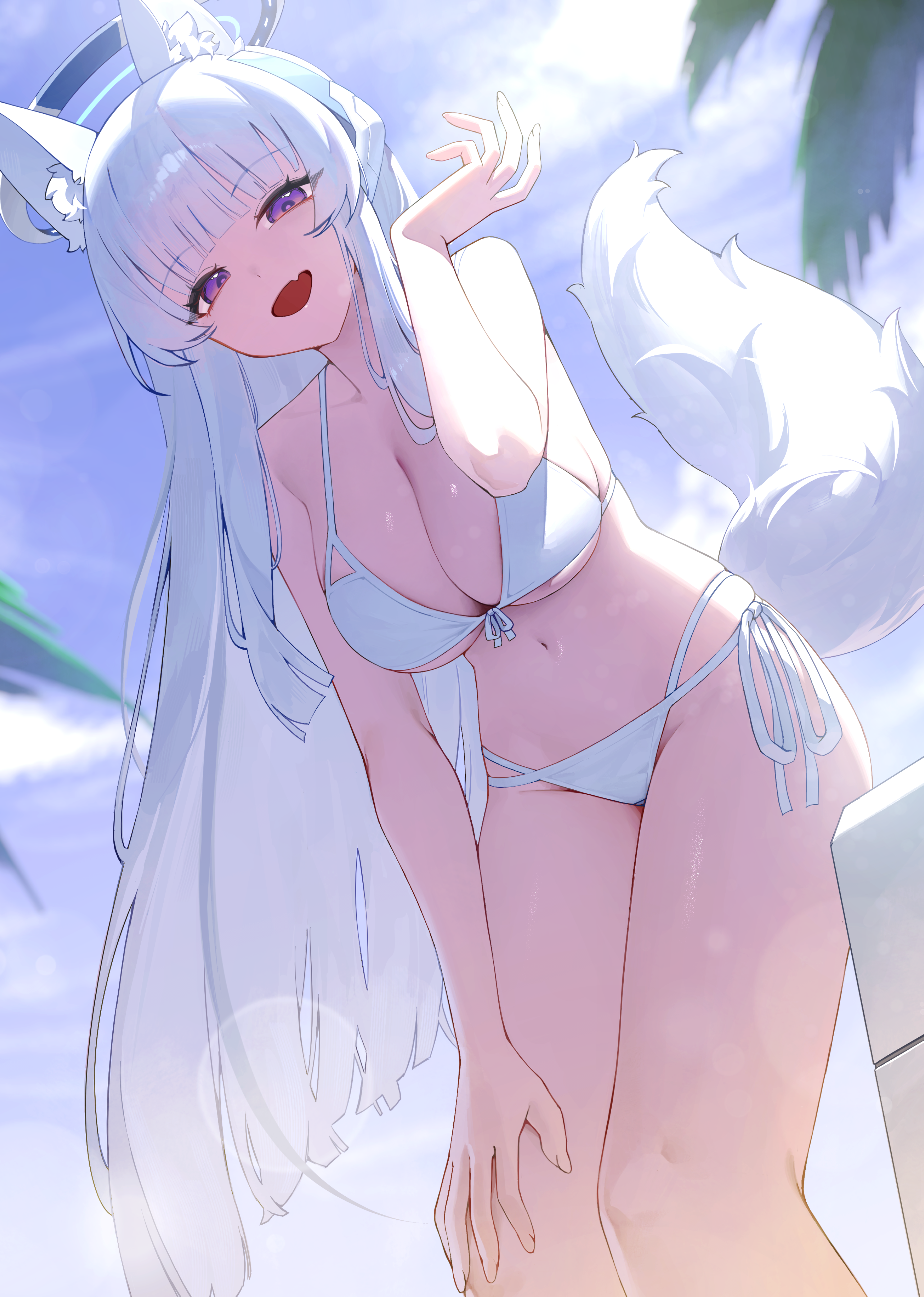 sbgu, noa (blue archive), blue archive, absurdres, highres, 1girl, alternate costume, animal ears, bikini, breasts, cleavage, fang, front-tie bikini top, front-tie top, halo, hand on own knee, headgear, kemonomimi mode, large breasts, long hair, looking at viewer, mechanical halo, multi-strapped bikini bottom, open mouth, purple eyes, side-tie bikini bottom, skin fang, smile, solo, swimsuit, tail, white bikini, white hair, white halo