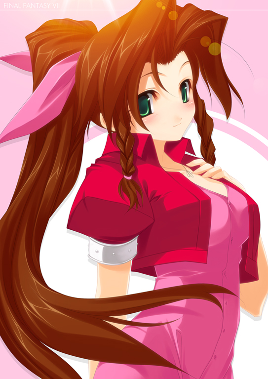 kinoshita ichi, aerith gainsborough, final fantasy, final fantasy vii, 1990s (style), 1girl, blush, bow, brown hair, cropped jacket, dress, female focus, green eyes, long hair, pink bow, pink dress, retro artstyle, ribbon, solo, very long hair