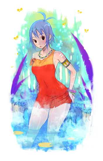 opon, 1girl, ahoge, blue hair, breasts, dress, female focus, jewelry, necklace, pantyhose, small breasts, solo, water