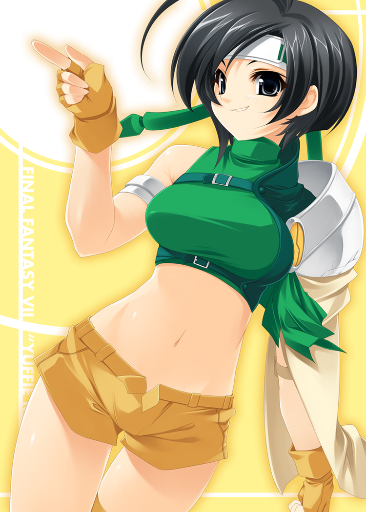 kinoshita ichi, ninja (final fantasy), yuffie kisaragi, final fantasy, final fantasy vii, 1990s (style), 1girl, bare shoulders, black hair, female focus, gloves, grey eyes, headband, midriff, navel, ninja, pointing, retro artstyle, short hair, shorts, sleeveless, sleeveless turtleneck, smirk, solo, turtleneck