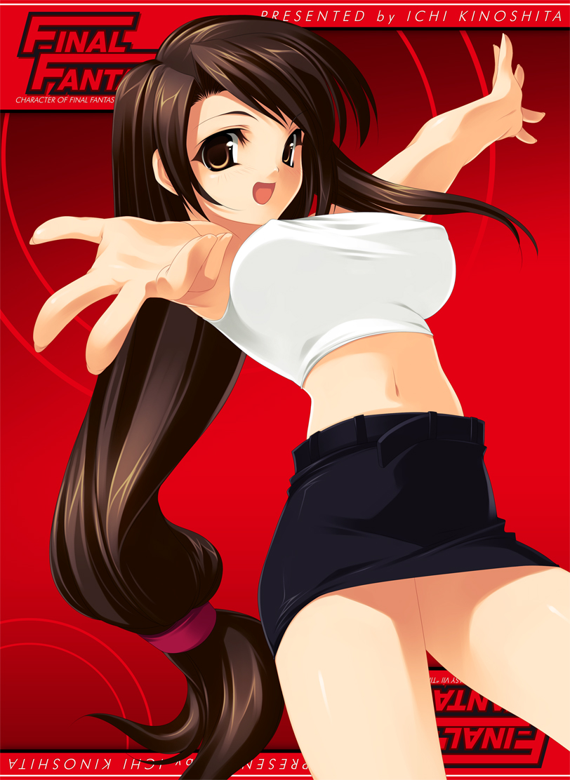 kinoshita ichi, tifa lockhart, final fantasy, final fantasy vii, 1990s (style), 1girl, breasts, brown eyes, brown hair, copyright name, female focus, large breasts, long hair, low-tied long hair, midriff, miniskirt, pencil skirt, red background, retro artstyle, skirt, solo