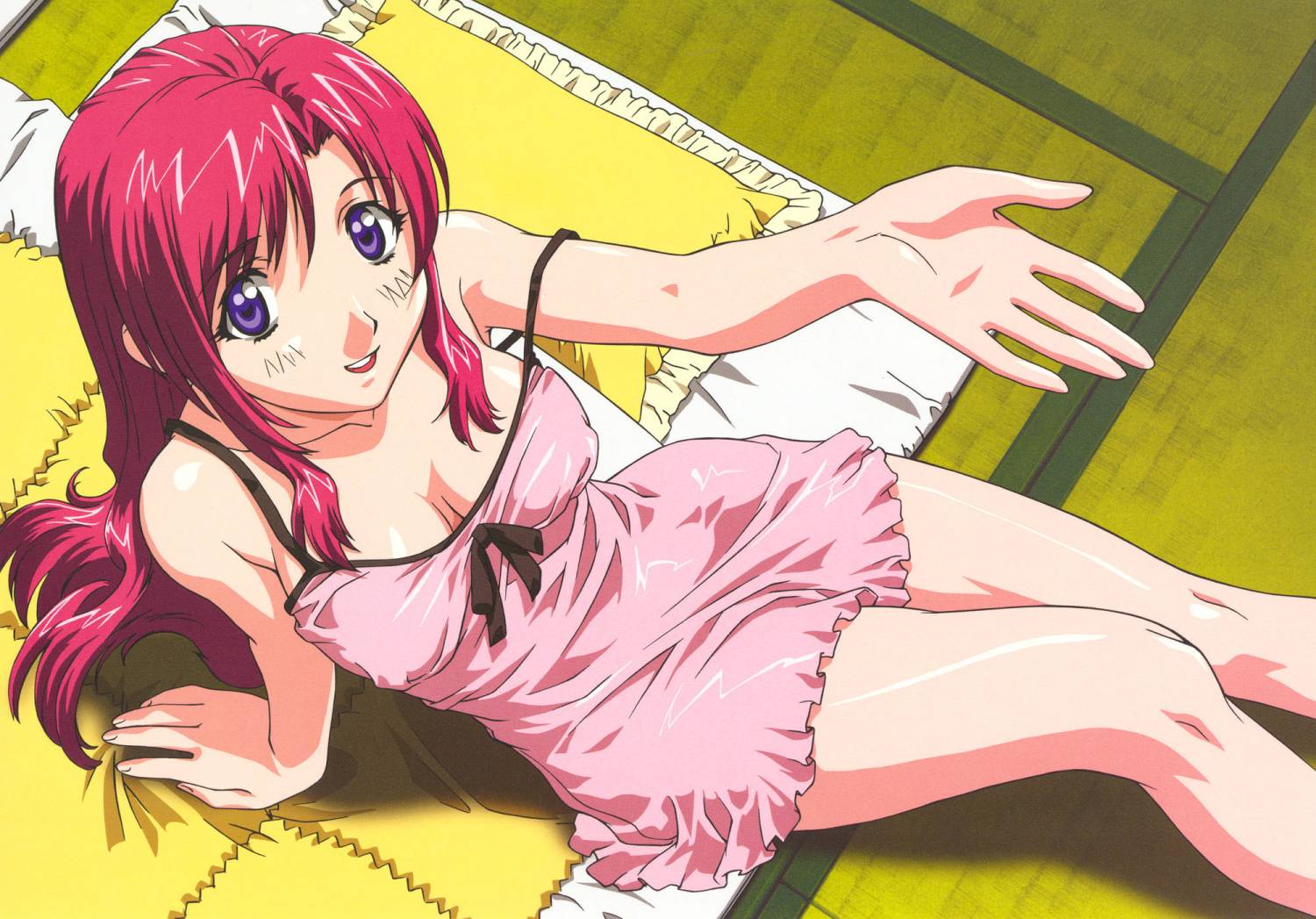 makino ryuuichi, kazami mizuho, onegai teacher, 00s, 1girl, arm support, blush, bow, breasts, chemise, cleavage, covered erect nipples, female focus, frilled pillow, frills, from above, large breasts, legs, lingerie, lipstick, long hair, makeup, nightgown, on floor, outstretched hand, pillow, pink hair, purple eyes, reclining, sitting, smile, solo, strap slip, tatami, underwear