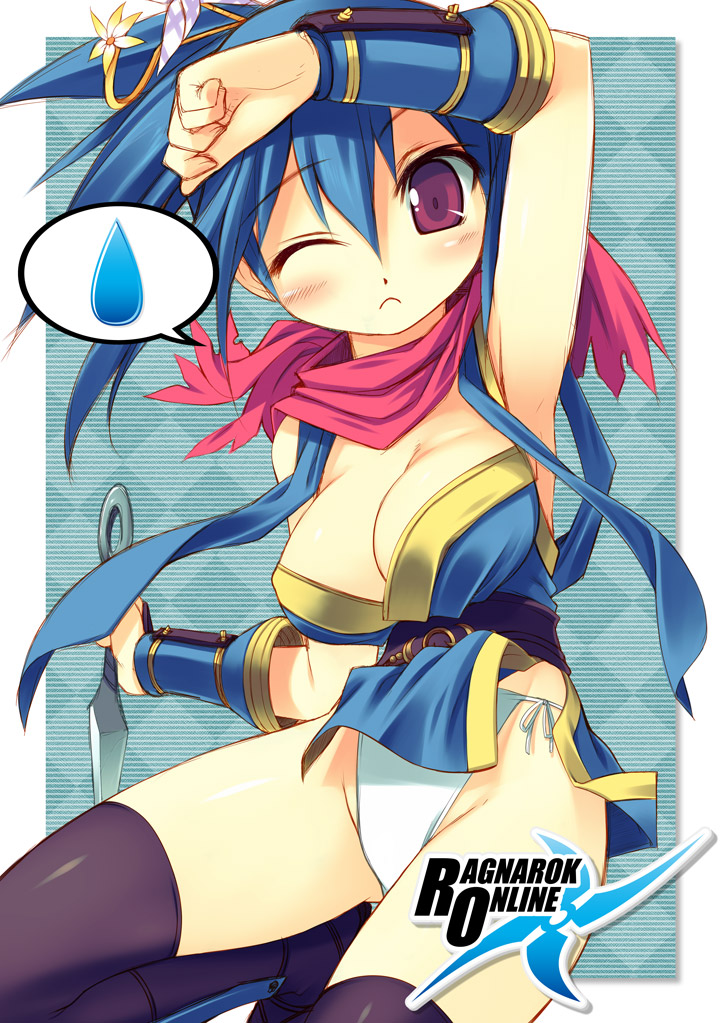 kinoshita ichi, ninja (ragnarok online), ragnarok online, 1girl, ;<, arm up, black thighhighs, blue hair, blush, breasts, cleavage, female focus, kunai, large breasts, ninja, panties, pantyshot, red scarf, scarf, side-tie panties, solo, speech bubble, spoken sweatdrop, sweatdrop, thighhighs, underwear, upskirt, weapon, white panties