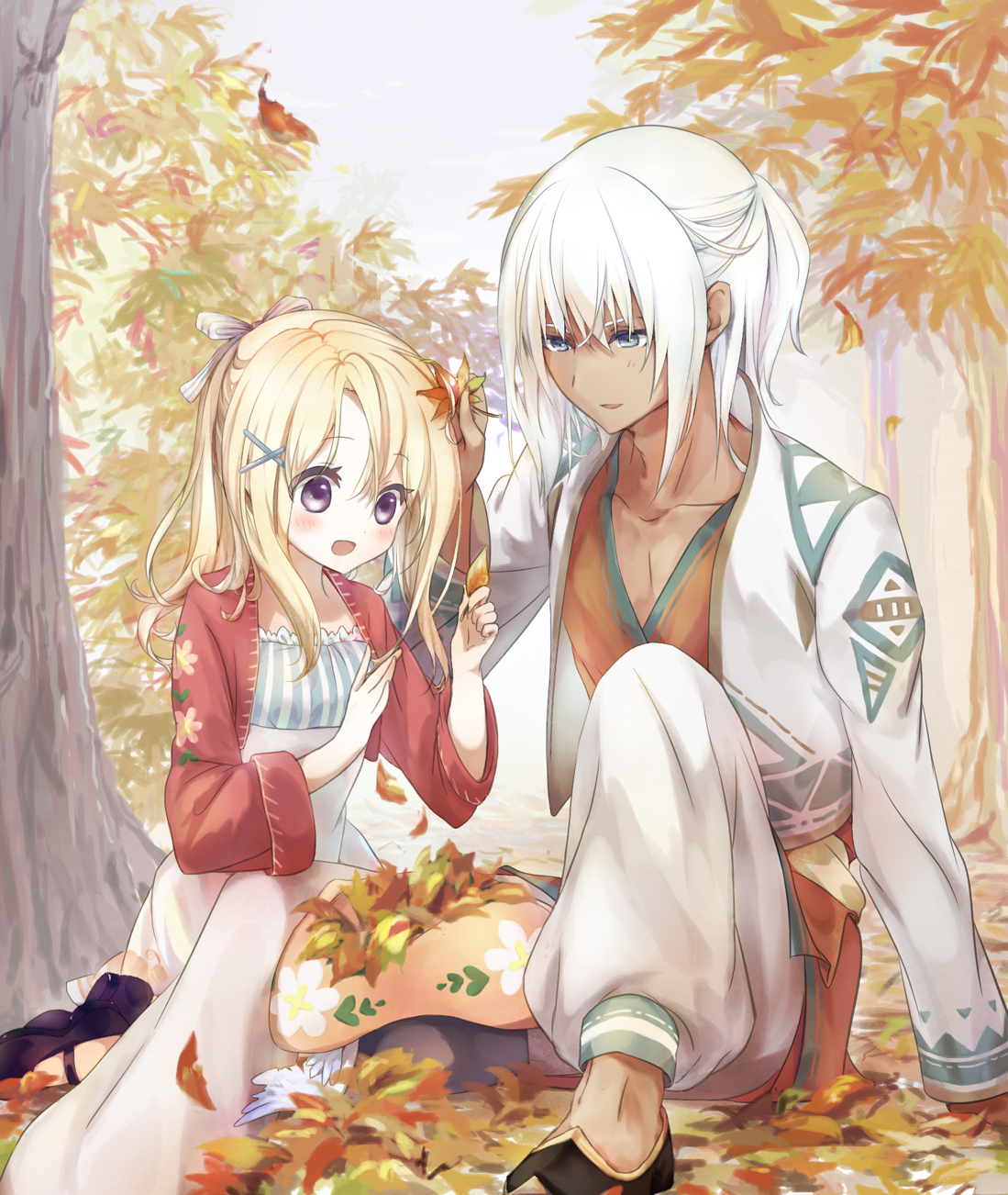 karakuri mai, bokujou monogatari, highres, 1boy, 1girl, autumn, autumn leaves, black shoes, blonde hair, blue eyes, blue ribbon, bokujou monogatari: youkoso! kaze no bazaar e, collarbone, cropped jacket, crossed bangs, curtained hair, dark-skinned male, dark skin, day, falling leaves, flats, floral print hat, floral print jacket, full body, hair between eyes, hair ornament, hair ribbon, half updo, hand on another's head, haruka (bokujou monogatari), hat, hat feather, holding, holding leaf, jacket, knee up, leaf, leaf on head, long hair, long sleeves, looking at another, looking at object, mary janes, no headwear, orange shirt, outdoors, pants, parted bangs, patterned clothing, pectoral cleavage, pectorals, pink jacket, ponytail, puffy pants, purple eyes, ribbon, sheep print, shirt, shoes, sidelocks, sitting, sleeve cuffs, three-quarter sleeves, tree, unworn hat, unworn headwear, white jacket, white pants, white ribbon, white shirt, x hair ornament, yurisu (bokujou monogatari)