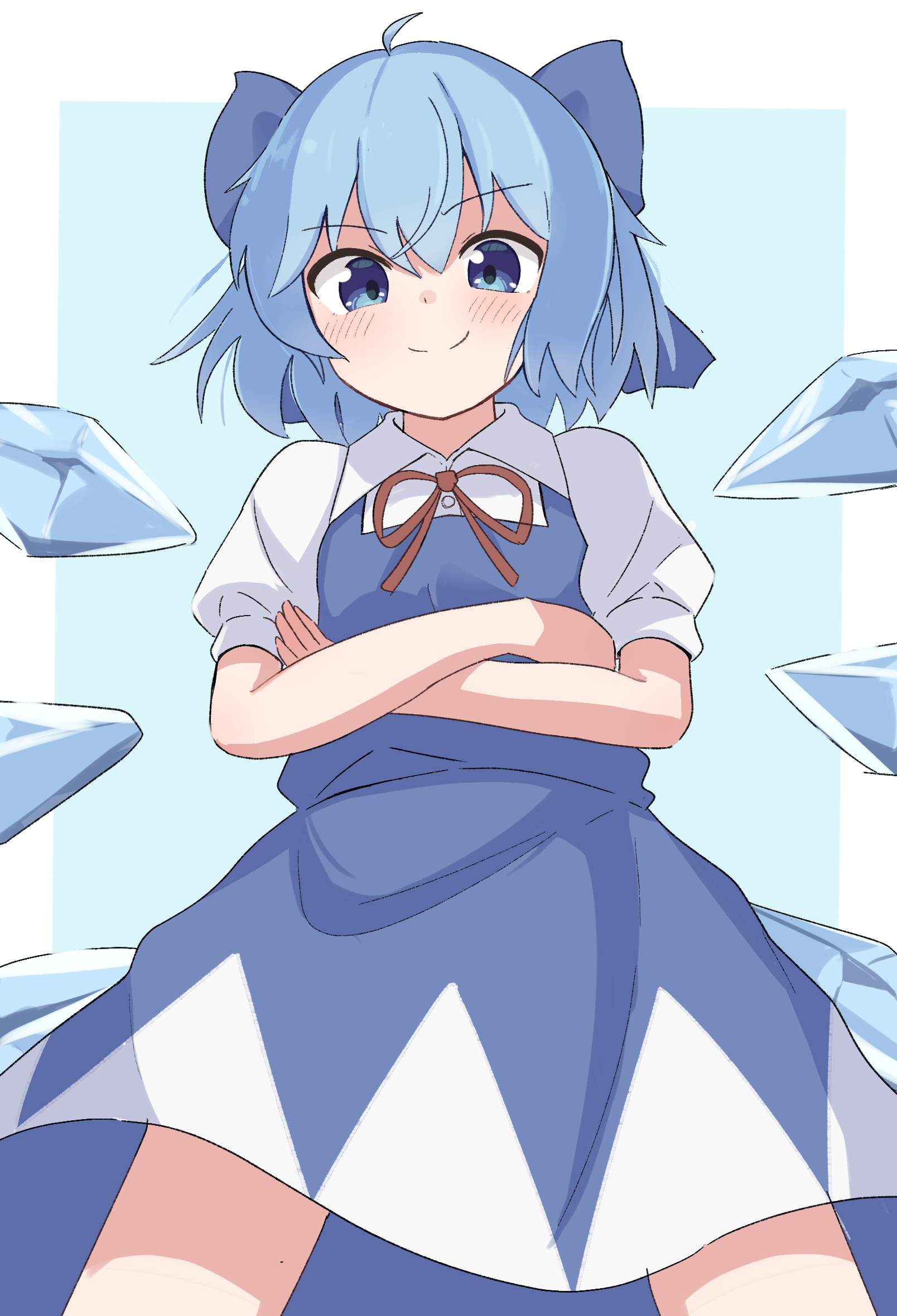 haya s2, cirno, touhou, commentary request, highres, 1girl, ahoge, blue background, blue bow, blue dress, blue eyes, blue hair, blush, border, bow, closed mouth, collared shirt, crossed arms, detached wings, dress, hair bow, ice, ice wings, looking at viewer, neck ribbon, outside border, pinafore dress, puffy short sleeves, puffy sleeves, red ribbon, ribbon, shirt, short hair, short sleeves, simple background, sleeveless, sleeveless dress, smile, smug, solo, standing, v-shaped eyebrows, white border, white shirt, wings