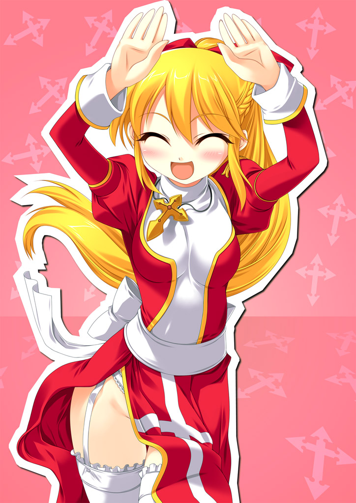 kinoshita ichi, high priest (ragnarok online), ragnarok online, 1girl, blonde hair, caramelldansen, female focus, garter belt, happy, pelvic curtain, priestess, smile, solo, thighhighs