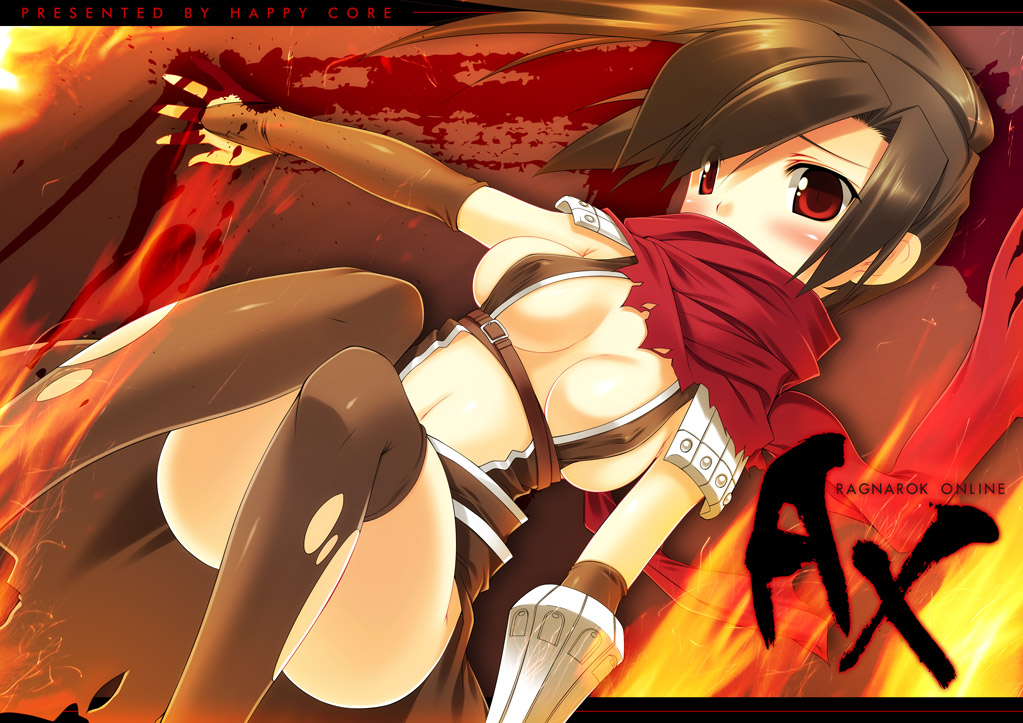 kinoshita ichi, assassin cross (ragnarok online), ragnarok online, 1girl, assassin, blood, breasts, brown hair, brown thighhighs, copyright name, covered erect nipples, female focus, large breasts, red eyes, red scarf, scarf, solo, thighhighs, torn clothes, torn thighhighs