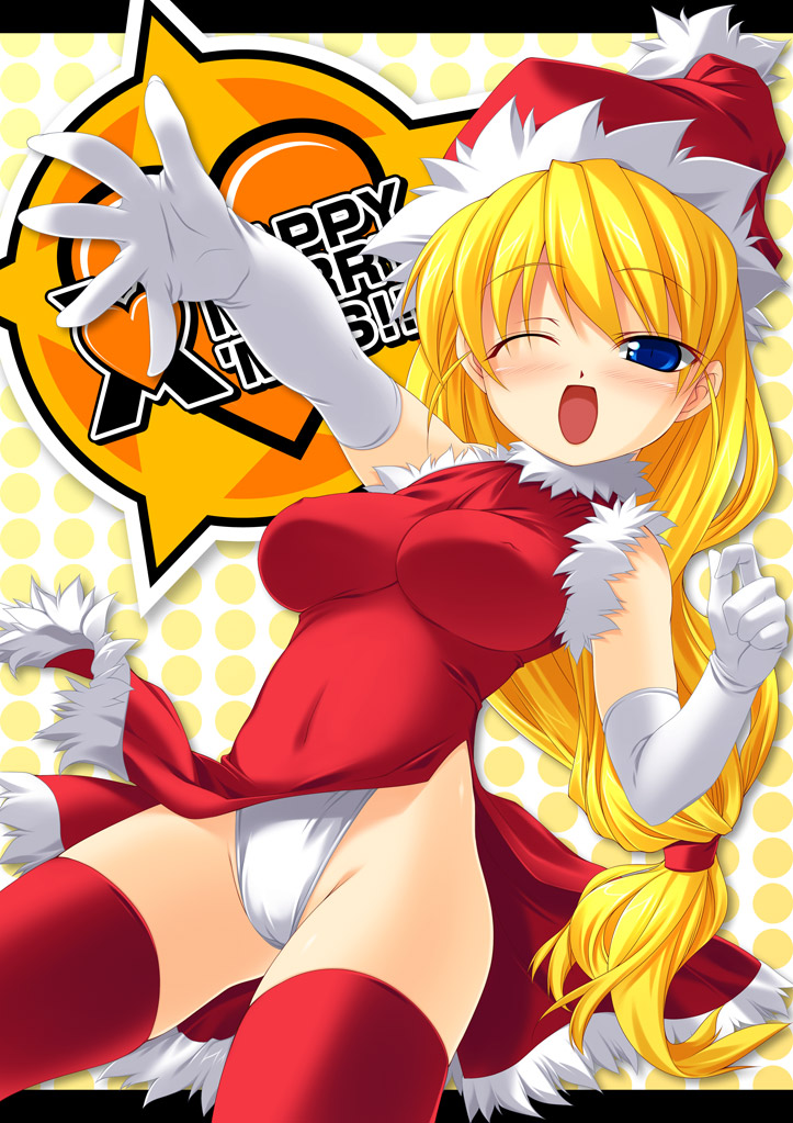 kinoshita ichi, 1girl, blonde hair, blue eyes, blush, breasts, christmas, covered erect nipples, elbow gloves, female focus, gloves, hat, large breasts, one eye closed, panties, pantyshot, pelvic curtain, santa costume, solo, thighhighs, underwear, upskirt, white gloves