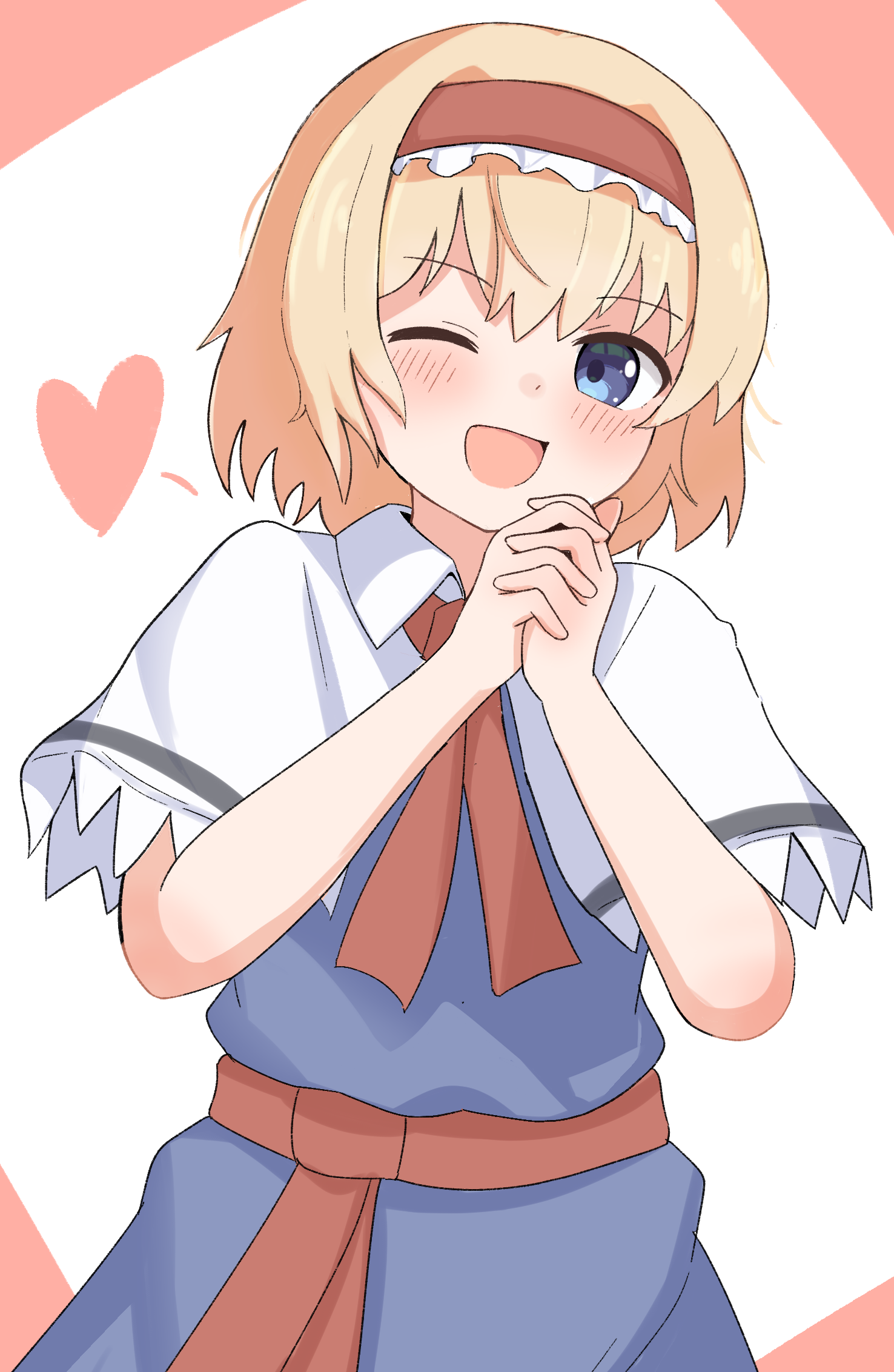 haya s2, alice margatroid, touhou, commentary request, highres, 1girl, :d, blonde hair, blue dress, blue eyes, blush, capelet, cowboy shot, dress, frilled hairband, frills, hairband, heart, interlocked fingers, lolita hairband, looking at viewer, medium hair, one eye closed, open mouth, own hands together, red hairband, red sash, sash, smile, solo, two-tone background, waist sash, white capelet