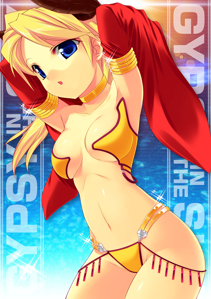 kinoshita ichi, gypsy (ragnarok online), ragnarok online, looking away, 1girl, armpits, arms up, bare shoulders, blonde hair, blue eyes, breasts, character name, choker, cleavage, collarbone, dancer, detached sleeves, female focus, groin, gypsy, horns, jewelry, long hair, lots of jewelry, medium breasts, navel, open mouth, solo, sparkle, standing