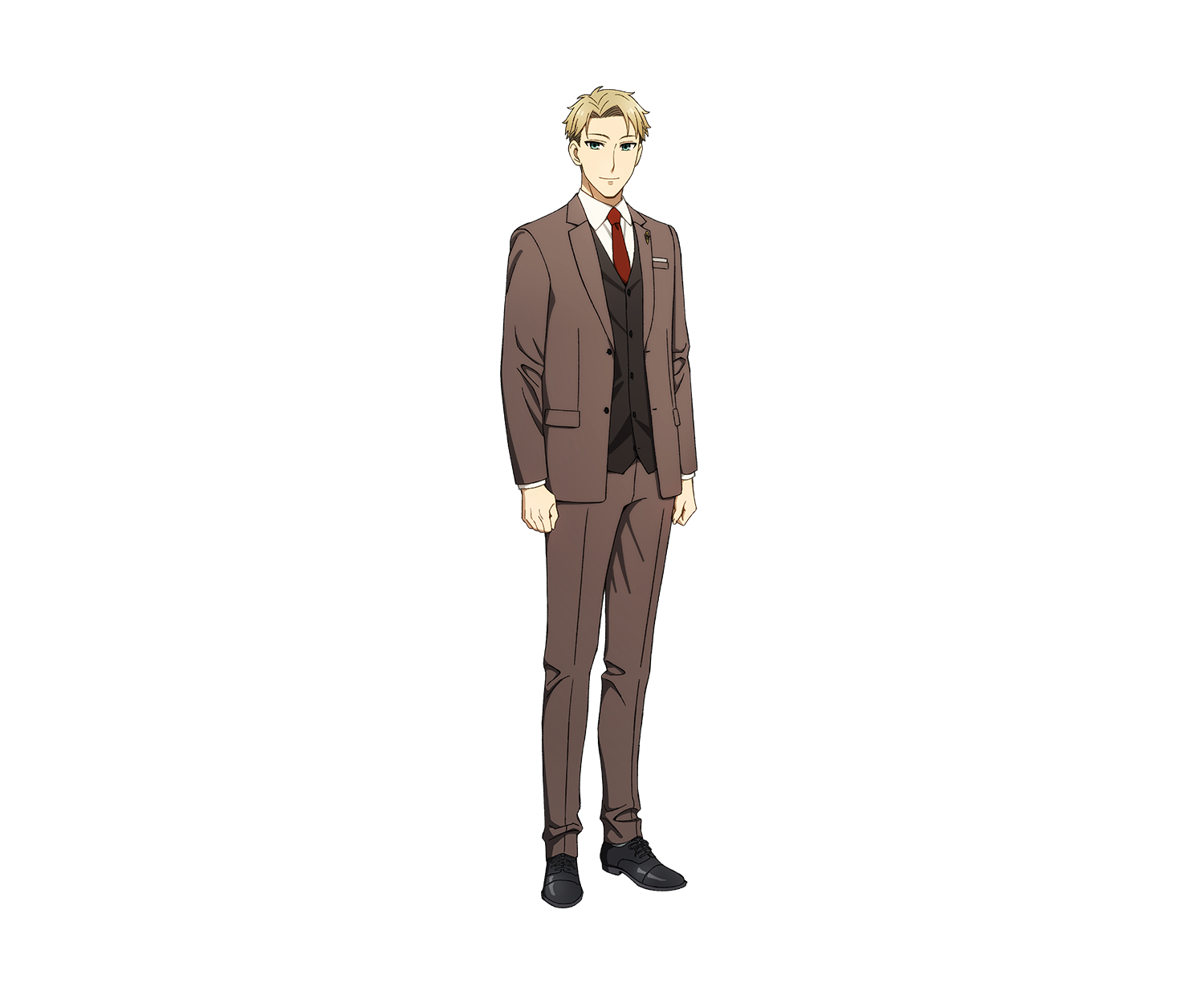 shimada kazuaki, twilight (spy x family), spy x family, highres, official art, 1boy, anime coloring, black shoes, blonde hair, brown jacket, brown pants, brown suit, brown vest, clenched hands, closed mouth, collared shirt, curtained hair, dress shoes, formal clothes, full body, green eyes, jacket, long sleeves, looking at viewer, necktie, open clothes, open jacket, pants, parted bangs, red necktie, shirt, shoes, short hair, simple background, smile, solo, standing, suit, suit jacket, tachi-e, transparent background, vest, white shirt