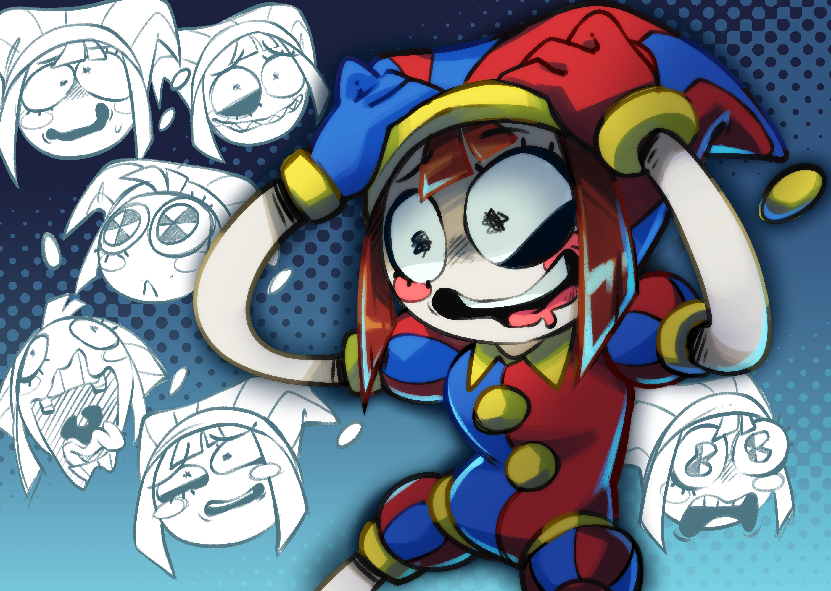 gerph, pomni (the amazing digital circus), the amazing digital circus, highres, 1girl, asymmetrical gloves, blue background, blue gloves, blue theme, brown hair, clutching head, colored skin, doodle background, gloves, hat, hat bell, jester, jester cap, jester costume, mismatched gloves, multicolored eyes, multiple expressions, puffy sleeves, red gloves, short sleeves, squiggle eyes, striped clothes, striped headwear, surprised, toon (style), two-tone eyes, vertical-striped bodysuit, white skin