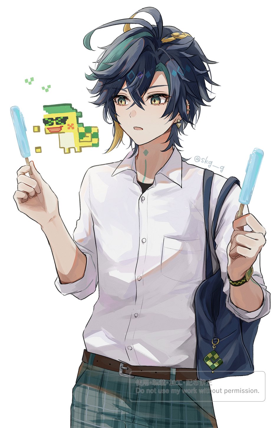 ajaw (genshin impact), kinich (genshin impact), genshin impact, highres, 1boy, 1other, alternate costume, bag, belt, black hair, blonde hair, ear piercing, earrings, green pants, hair between eyes, jewelry, male focus, multicolored hair, neck tattoo, open mouth, pants, piercing, shirt, short hair, shoulder bag, skg g, streaked hair, tattoo, white background, white shirt