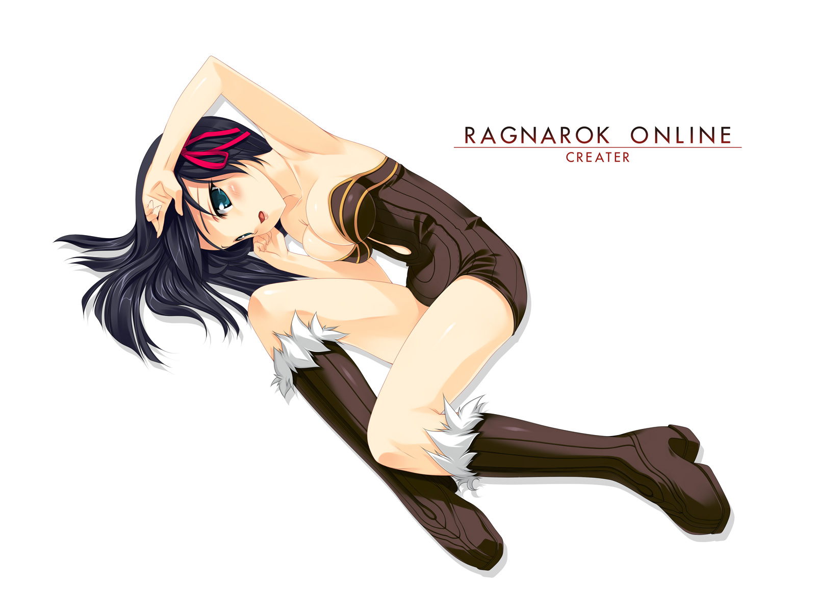 kinoshita ichi, alchemist (ragnarok online), ragnarok online, highres, 1girl, alchemist, arm up, black hair, blush, boots, breast clinging, breasts, cleavage, dress, female focus, green eyes, hair ribbon, long hair, lying, medium breasts, on side, parted lips, ribbon, short dress, solo, strapless, strapless dress