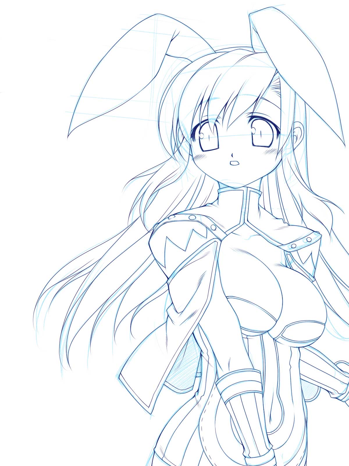 kinoshita ichi, alchemist (ragnarok online), ragnarok online, uniform, highres, 1girl, alchemist, animal ears, blush, breasts, cape, female focus, large breasts, long hair, rabbit ears, sketch, solo