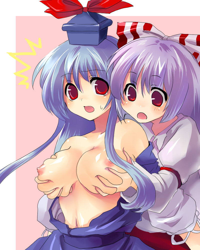 kobanzame, fujiwara no mokou, kamishirasawa keine, touhou, light purple hair, silver hair, bad id, bad pixiv id, 2girls, :o, ^^^, bare shoulders, blue dress, blue hair, blush, bow, breasts, cleavage, clothes pull, deep skin, dress, female focus, grabbing another's breast, groping, hair bow, hat, large breasts, long hair, looking at breasts, multiple girls, navel, nipples, no bra, off shoulder, open mouth, pink background, puffy nipples, red eyes, shiny skin, shirt, shirt pull, skindentation, straight hair, surprised, sweatdrop, upper body, yuri