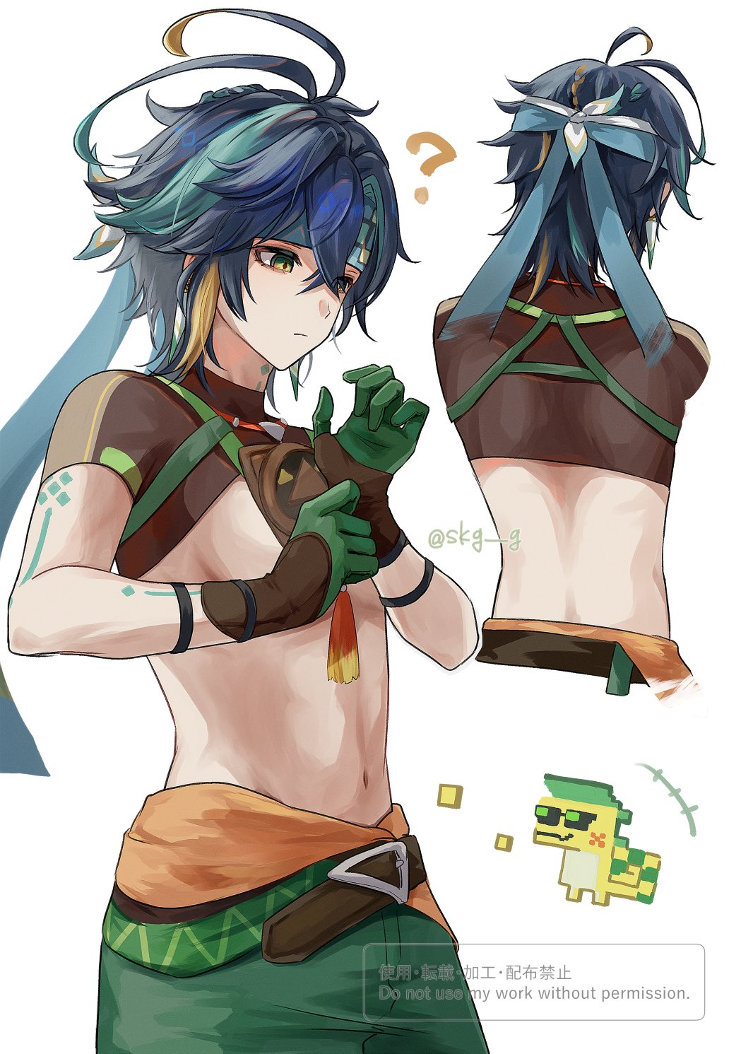 ajaw (genshin impact), kinich (genshin impact), genshin impact, highres, 1boy, 1other, ?, arm tattoo, black hair, blonde hair, brown gloves, brown shirt, closed mouth, crop top, gloves, green eyes, green gloves, green hair, green pants, hair between eyes, headband, looking back, male focus, midriff, multicolored hair, multiple views, navel, neck tattoo, pants, shirt, short hair, short sleeves, skg g, stomach, streaked hair, tattoo, two-tone gloves, white background