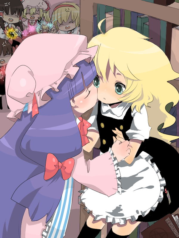 ichihaya, alice margatroid, flandre scarlet, hakurei reimu, kirisame marisa, koakuma, patchouli knowledge, embodiment of scarlet devil, touhou, 6+girls, ^ ^, ahoge, anger vein, black hair, blonde hair, book, bookshelf, bow, closed eyes, false smile, female focus, green eyes, hair bow, hat, head wings, holding hands, jealous, kiss, kissing cheek, multiple girls, no headwear, open mouth, purple hair, shaded face, smile, thighhighs, wings, yuri