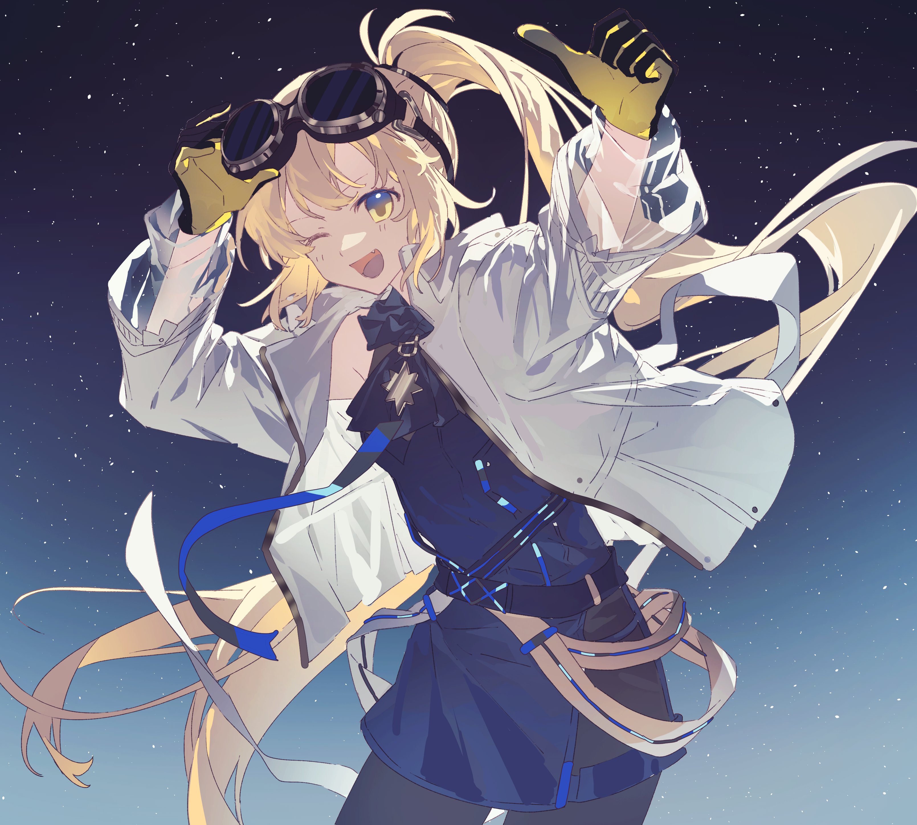 maboroshi (freeze000), arcaea, absurdres, highres, 1girl, bare shoulders, black gloves, black shirt, black skirt, black thighhighs, blonde hair, breasts, curtained hair, gloves, goggles, green hair, high ponytail, jacket, leather, leather skirt, medium breasts, medium hair, nonoka (arcaea), one eye closed, ponytail, see-through clothes, shirt, skirt, smile, solo, thighhighs, thumbs up, two-tone gloves, white jacket, white sleeves, yellow eyes, yellow gloves