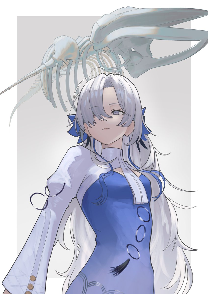 neko hiiragi, isekaijoucho, kamitsubaki studio, 1girl, blue dress, closed mouth, collared dress, dress, flower, flying whale, gold buttons, grey hair, hair flower, hair ornament, hair over one eye, long hair, nemophila (flower), o-ring, simple background, skeleton, standing, virtual youtuber, whale, white background, white dress